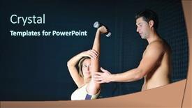  Presentation with coach - Presentation theme enhanced with woman in the fitness gim working out with personal trainer coach background and a wine colored foreground