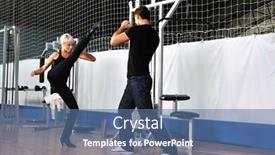  Presentation with coach - PPT theme enhanced with woman in the fitness gim working out with personal trainer coach background and a ocean colored foreground