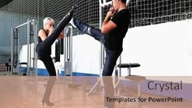  Presentation with coach - Beautiful PPT theme featuring woman in the fitness gim working out with personal trainer coach backdrop and a coral colored foreground