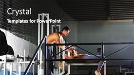  Presentation with coach - Beautiful PPT theme featuring woman in the fitness gim working out with personal trainer coach backdrop and a dark gray colored foreground