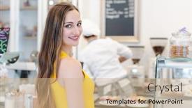  Presentation with sweet pastry - Amazing slide deck having woman-in-the-pastry-shop backdrop and a coral colored foreground