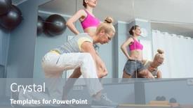  Presentation with physical therapy - PPT theme featuring woman in the physical therapy stretching her knee in front of a mirror background and a gray colored foreground