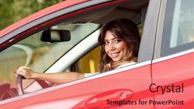  Presentation with race car a red racing - Slide deck having woman in the red car background and a coral colored foreground