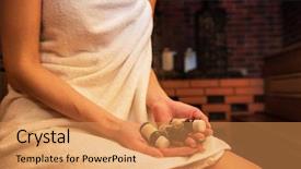  Presentation with close up pouring oil - Audience pleasing theme consisting of woman in the sauna backdrop and a yellow colored foreground