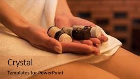  Presentation with oil - Beautiful presentation theme featuring closeup of woman in the sauna with aromatic oil bottle for bath backdrop and a red colored foreground