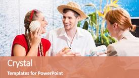  Presentation with travel agency - Colorful presentation design enhanced with woman in travel agency shell backdrop and a coral colored foreground