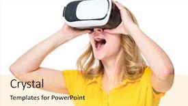  Presentation with virtual reality rehab - Audience pleasing slides consisting of woman in virtual reality glasses backdrop and a yellow colored foreground