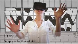  Presentation with virtual hand - Amazing presentation design having woman in virtual reality headset hands out against grey hand drawn windows backdrop and a light gray colored foreground