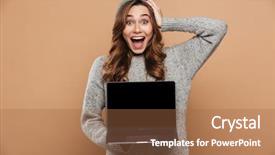  Presentation with laptop blank screen - Beautiful PPT layouts featuring woman in warm clothes hold backdrop and a coral colored foreground