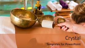  Presentation with singing bowl - Presentation theme with woman in wellness and spa setting having a singing bowl massage therapy background and a red colored foreground