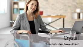  Presentation with workplace tension - Presentation theme with woman in wheelchair at workplace background and a  colored foreground