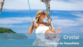  Presentation with weather - Cool new slide set with woman in white dress and hat swinging at tropical beach sunny day good weather backdrop and a teal colored foreground