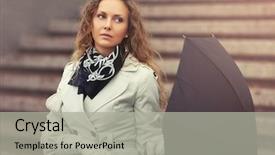  Presentation with white birch tree - Colorful slide set enhanced with woman in white trench coat backdrop and a  colored foreground