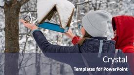  Presentation with forest winter - Presentation enhanced with woman-in-winter-jacket-feeding and a ocean colored foreground