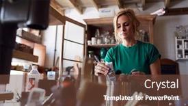  Presentation with upcycling - Audience pleasing theme consisting of woman-in-workshop-choosing-paintbrush backdrop and a tawny brown colored foreground