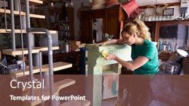  Presentation with upcycling - Cool new theme with woman-in-workshop-upcycling backdrop and a tawny brown colored foreground