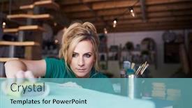  Presentation with upcycling - Slides enhanced with woman-in-workshop-upcycling background and a light blue colored foreground