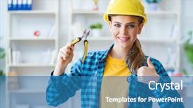  Presentation with workshop - Colorful theme enhanced with woman in workshop with pliers backdrop and a teal colored foreground