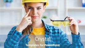  Presentation with workshop - Cool new theme with woman-in-workshop-with-protective backdrop and a teal colored foreground