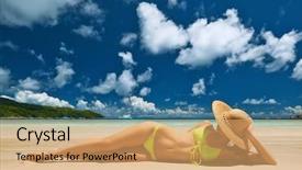  Presentation with tropical - Beautiful slide deck featuring woman in yellow bikini lying backdrop and a coral colored foreground