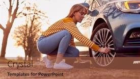  Presentation with electric car - Presentation design with woman-inflating-car-tyre background and a red colored foreground