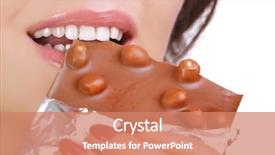  Presentation with chocolate - Cool new presentation design with woman ingenuity - beautiful girl eating chocolate close-up backdrop and a coral colored foreground