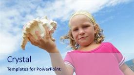  Presentation with sea shell - Presentation theme with woman ingenuity - cute smiling child girl background and a sky blue colored foreground
