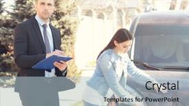 Presentation with accident investigation - Presentation design with woman inspecting car after accident background and a light blue colored foreground
