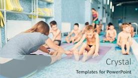  Presentation with children sport - Slide deck enhanced with woman instructor with children doing stretching exercises near swimming pool healthy and happy childhood concept sportive kids activity in modern sport center with pool background and a sky blue colored foreground