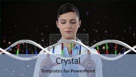  Presentation with doctor helps to get out of bed an elderly woman - Colorful theme enhanced with woman interacting with 3d dna backdrop and a  colored foreground