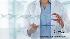  Presentation with dna - Amazing presentation theme having woman interacting with 3d dna backdrop and a light blue colored foreground