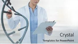  Presentation with genetic code sequence of dna - Audience pleasing presentation theme consisting of woman interacting with 3d dna backdrop and a light blue colored foreground