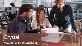  Presentation with project - PPT theme consisting of woman is browsing through books background and a tawny brown colored foreground