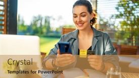  Presentation with online shopping - Presentation theme featuring woman-is-doing-online-purchases background and a gold colored foreground
