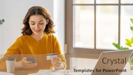  Presentation with online shopping - Presentation theme enhanced with woman-is-doing-online-purchases background and a coral colored foreground