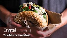  Presentation with burger - Amazing PPT theme having woman is holding a bagel fresh burger before eating top view shot gourmet conception backdrop and a tawny brown colored foreground