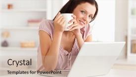  Presentation with coffe - PPT layouts enhanced with woman is holding a cup of coffee by her notebook working from home in quarantine lockdown social distancing self isolation background and a soft green colored foreground