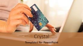  Presentation with online shopping - PPT theme with woman-is-holding-credit-card background and a coral colored foreground