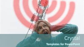  Presentation with bts - Colorful presentation enhanced with woman is holding her head near the bts harmful radiation from cellular 5g network transmitters concept backdrop and a ocean colored foreground