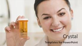  Presentation with prescription medication - Amazing theme having woman is holding up a bottle of prescription medication and smiling at the camera horizontally framed shot backdrop and a coral colored foreground