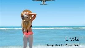  Presentation with hat - Colorful presentation enhanced with woman is looking at landing backdrop and a light blue colored foreground