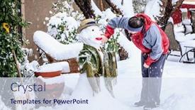  Presentation with snowman - Colorful slides enhanced with woman is making a snowman in her front yard during snow storm backdrop and a sky blue colored foreground