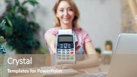  Presentation with payment platform - Presentation design enhanced with woman is offering payment terminal background and a coral colored foreground