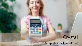  Presentation with terminal - Beautiful presentation theme featuring woman is offering payment terminal backdrop and a  colored foreground