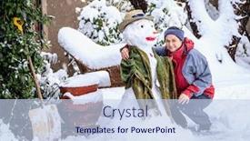  Presentation with snowman - PPT theme with woman is posing with a snowman in her front yard during snow storm background and a sky blue colored foreground