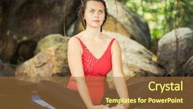  Presentation with bound - Theme having woman is practicing yoga outdoor bound angle pose baddha konasana background and a tawny brown colored foreground