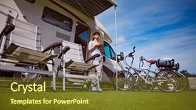  Presentation with caravan - Colorful slides enhanced with woman is standing with a mug of coffee near the camper caravan car vacation family vacation travel holiday trip in motorhome backdrop and a tawny brown colored foreground