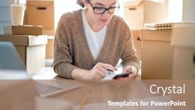  Presentation with web - Colorful presentation design enhanced with woman is working at warehouse for online seller concept of small web business backdrop and a coral colored foreground