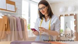  Presentation with demographic millennials business concept - Audience pleasing PPT theme consisting of woman-is-working-at-workshop backdrop and a coral colored foreground