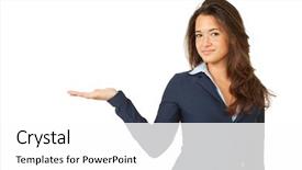  Presentation with young business woman smile show - Presentation theme with woman isolated on white background background and a white colored foreground